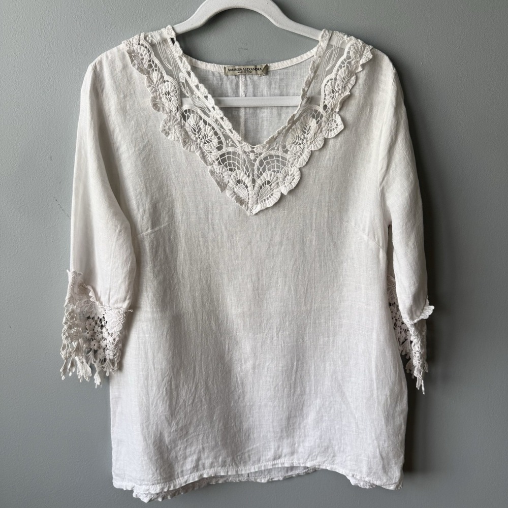 VANESSA ALEXANDRA Top Women Sz S White Italy Linen Boho V-Neck Botanical Crochet